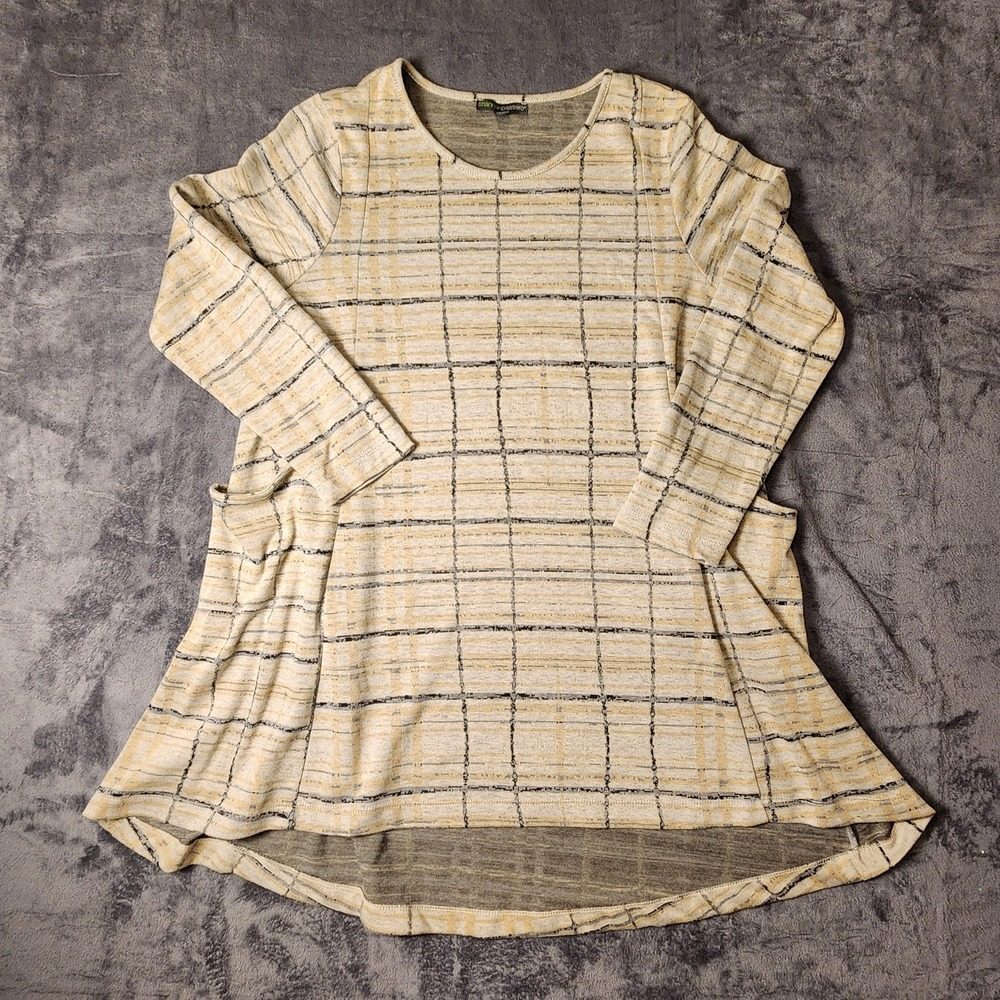 Shannon Passero Womens Tunic Top Grid Plaid High Low Pocket Knit Yellow Size L